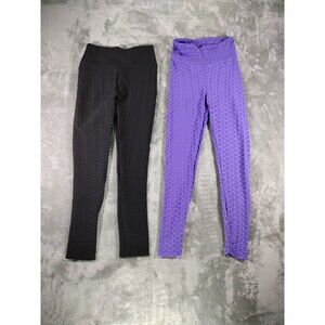 Tik Tok Leggings Women's Medium Purple Black Polyester Yoga Pants Waffle Knit